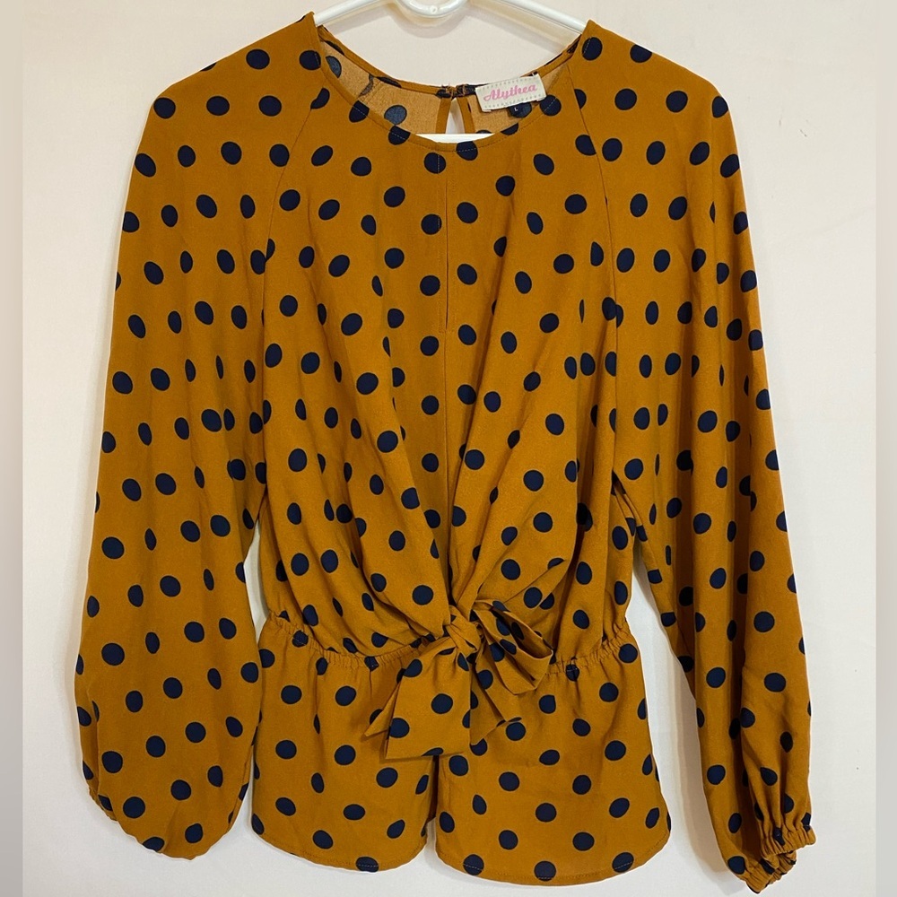 Alythea Polka Dot Blouse, Balloon Sleeves, Mustard With Navy Blue Dots, Size L